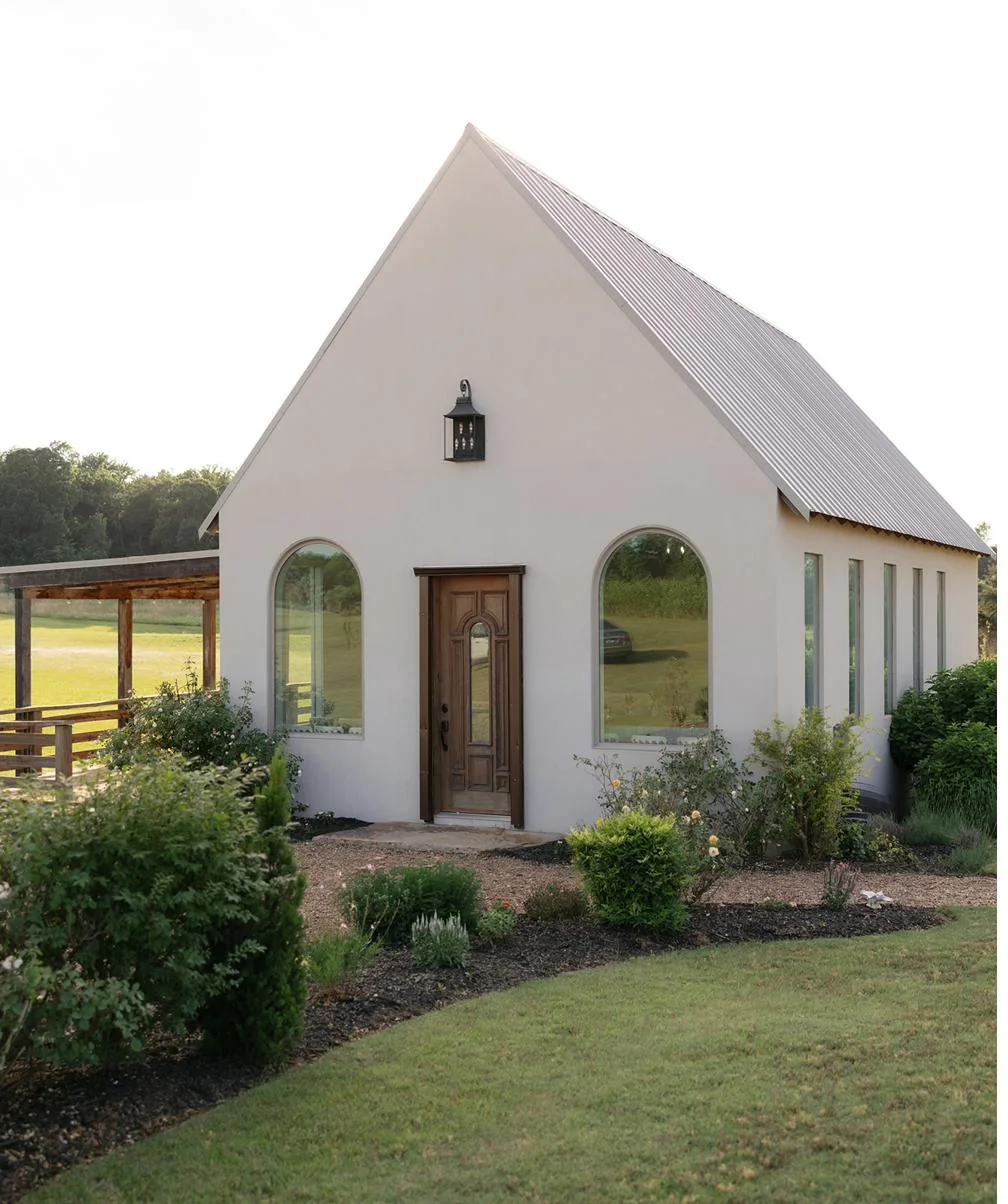 The white stucco chapel at Gateley Hill Gardens in Dardanelle, Arkansas
